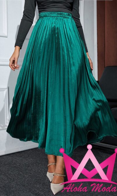 Falda larga plisada satín verde