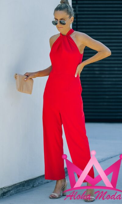 Palazzo rojo cuello hater con bolsillos