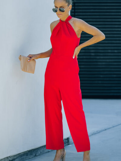 Palazzo rojo cuello hater con bolsillos