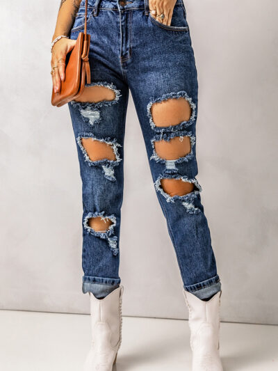 Jeans de pierna recta rasgados color azul