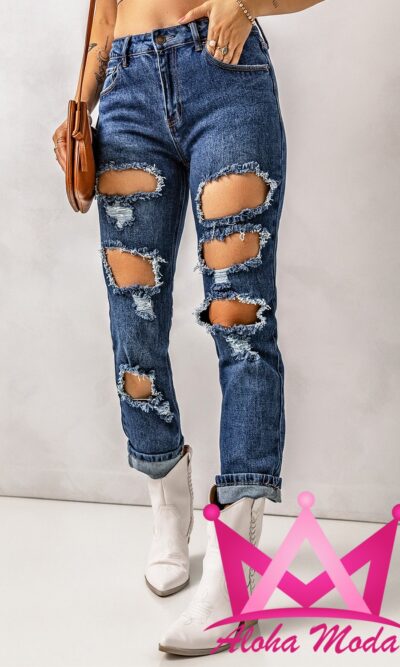Jeans de pierna recta rasgados color azul