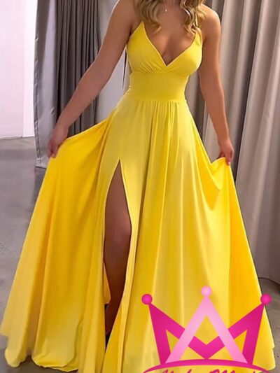 Vestido amarillo de noche con vuelo