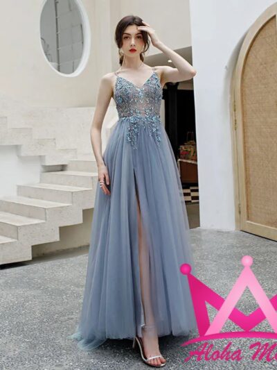 Vestido maxi de tul color azul cielo
