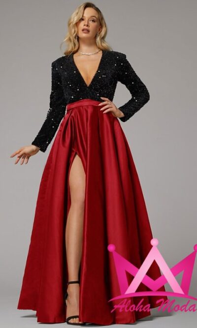 Vestido de gala lentejuela falda roja