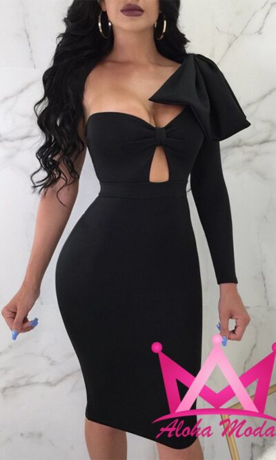 Vestido negro elegante con moño