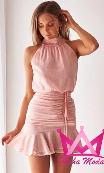 Vestido rosa elegante cuello halter