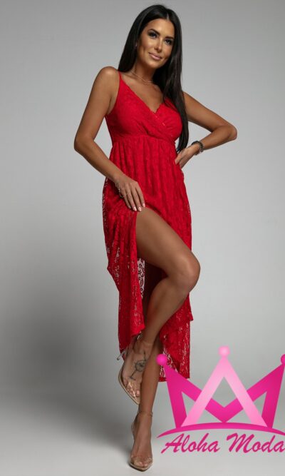 Vestido rojo de encaje abertura en pierna
