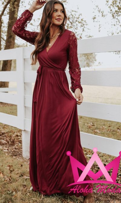 Vestido de encaje largo Vino