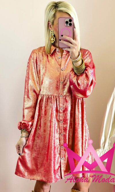 Vestido metalico rosa manga larga