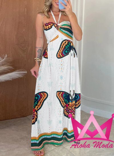 Vestido Largo Cuello Halter Estampado Blanco